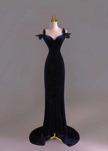 Mermaid Straps Navy Blue Velvet Long Prom Dresses Party Dress SD1323